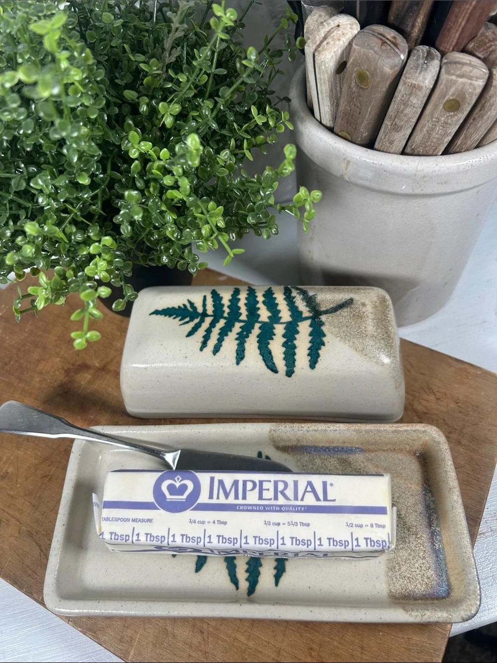 Stoneware Butter Dish Studio Pottery Handmade w/ Green Fern Motif Artist Signed